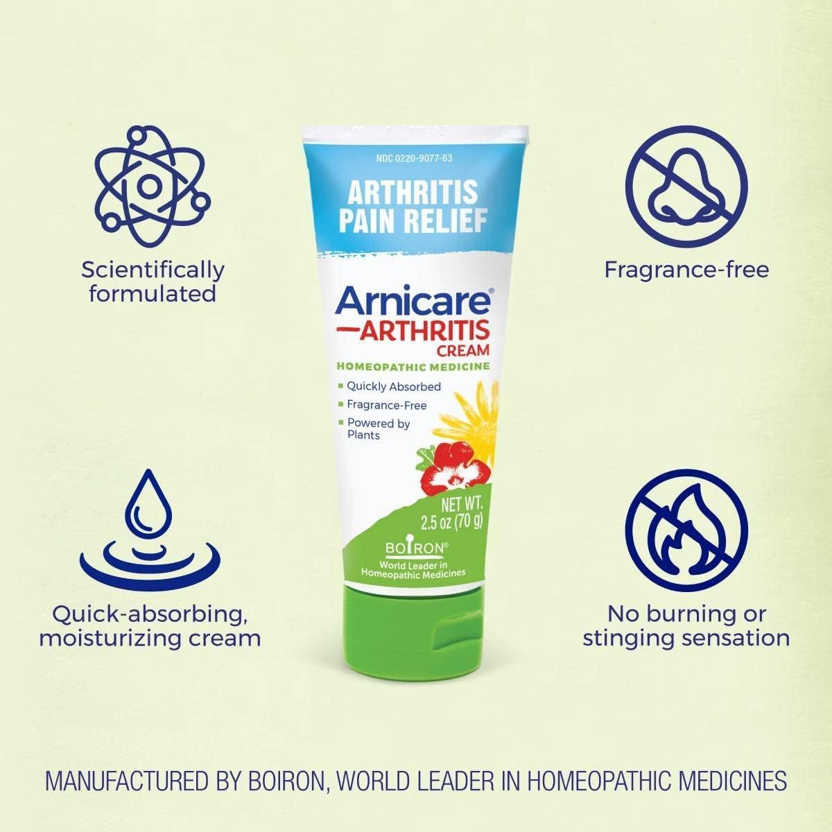 Boiron Arnicare Arthritis Cream for Pain Relief of Knees, Hands, Wrists, Elbows, Joints & Muscles – Quickly Absorbed & Fragrance-Free – 2.5 oz