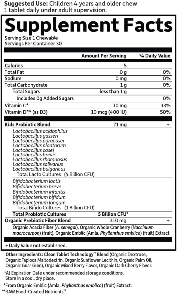 Garden of Life Dr. Formulated Probiotics Organic Kids+ Plus Vitamin C & D - Berry Cherry - Gluten, Dairy & Soy Free Immune & Digestive Health Supplement, No Added Sugar, 30 Chewables (Shelf Stable) - Nirvana Guru