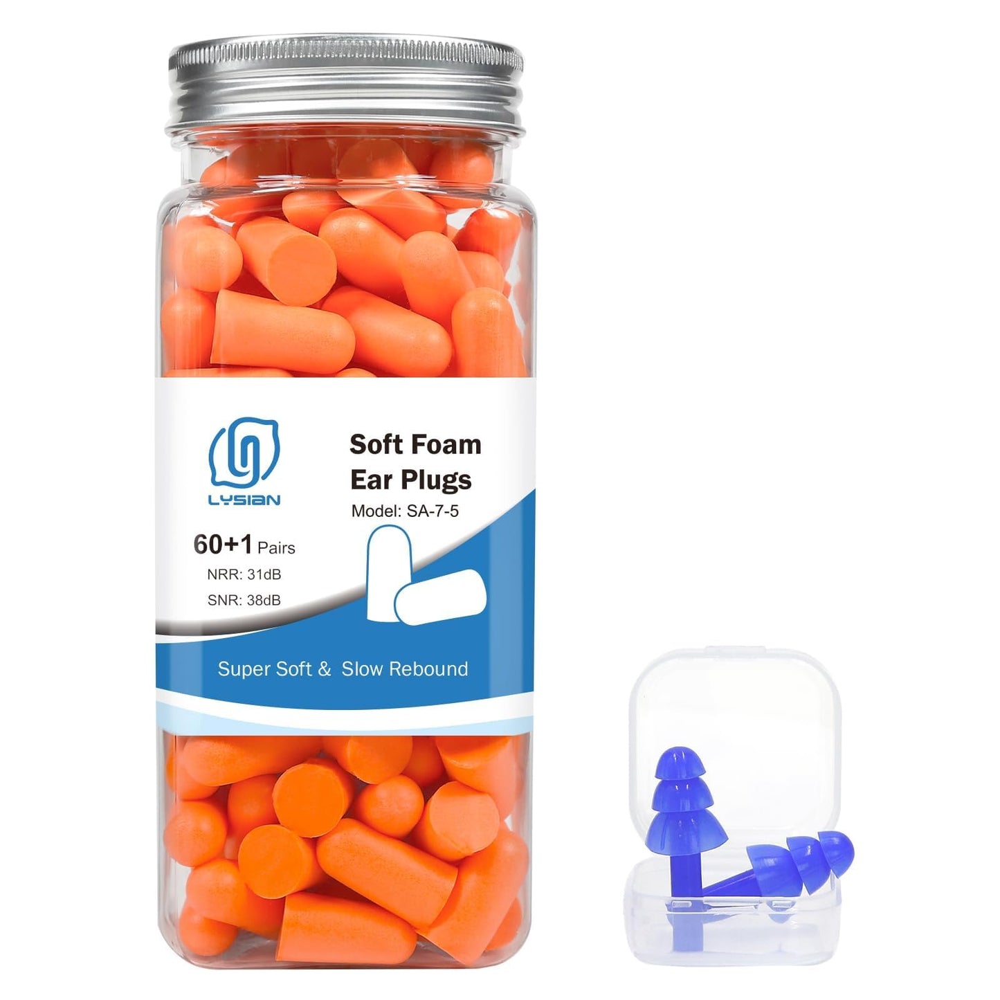 LYSIAN Ultra Soft Foam Earplugs Sleep, Noise Cancelling Ear Plugs for Sleeping, Shooting,Travel and Work-38dB SNR 31dB NRR Sound Blocking-60 Pairs Pack (Lake Blue)