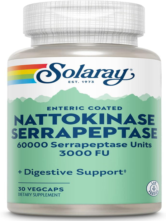 SOLARAY Nattokinase Serrapeptase Supplement - Enteric Coated - 3000 FU Nattokinase Supplement - Circulation, Cardiovascular, Sinus Support - Lab Verified, 60-Day Guarantee - 30 Servings, 30 VegCaps Nirvana Guru