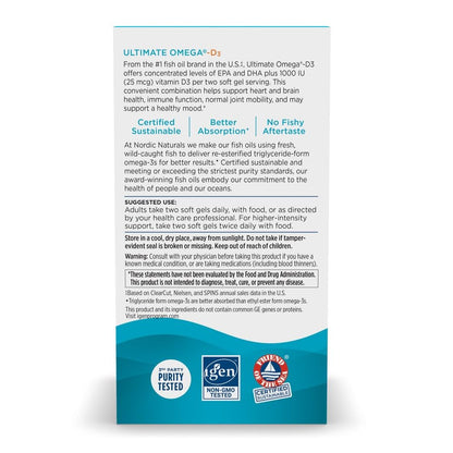 Nordic Naturals Ultimate Omega-D3, Lemon Flavor - 120 Soft Gels - 1280 mg Omega-3 + 1000 IU Vitamin D3 - EPA & DHA - Promotes Brain, Heart, & Immune Health - 60 Servings - Nirvana Guru