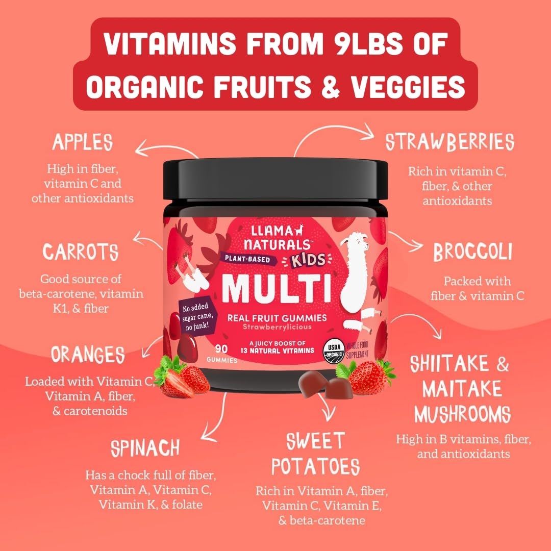 Llama Naturals Kids Multivitamin Gummies, Vegan, Organic with Vitamin D, C & K, Toddler Real Fruit Gummy Vitamins, Chewable Supplement, Whole Food Multivitamin, No Added Sugar Cane, Strawberry, 90 Ct Nirvana Guru