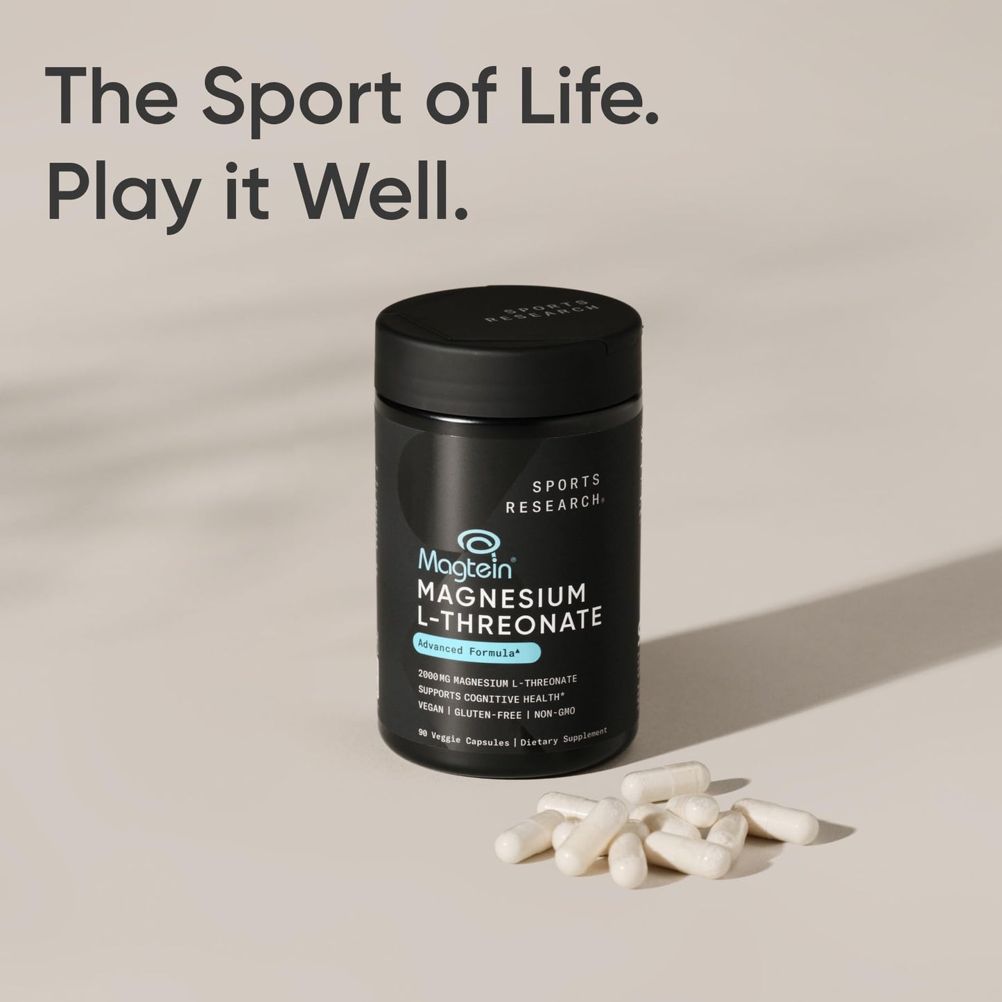 Sports Research Magtein Magnesium L-Threonate Capsules - Magnesium Supplement for Memory, Focus & Cognition - Magnesium L Threonate Supports Brain Health, Sleep & Mood - 2000mg, 90 Capsules for Adults - Nirvana Guru