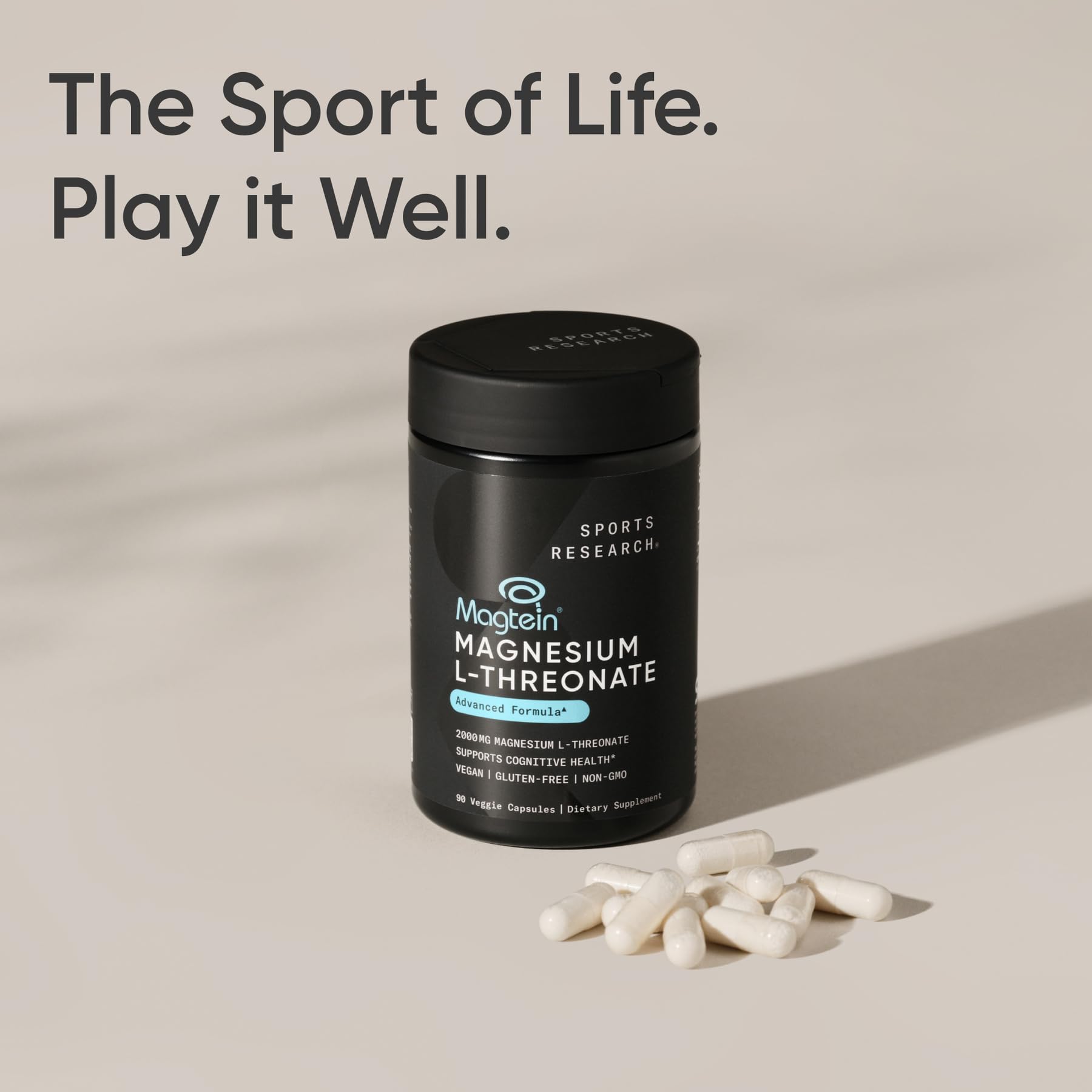 Sports Research Magtein Magnesium L-Threonate Capsules - Magnesium Supplement for Memory, Focus & Cognition - Magnesium L Threonate Supports Brain Health, Sleep & Mood - 2000mg, 90 Capsules for Adults - Nirvana Guru