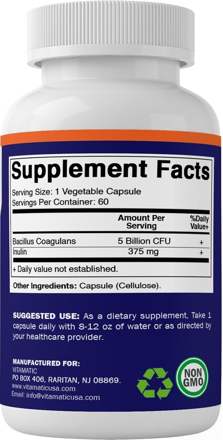 Vitamatic Bacillus Coagulans Shelf Stable Probiotic Supplement - Promote GI Digestive Health - 60 Vegetable Capsules - Survives Stomach Acids - Nirvana Guru