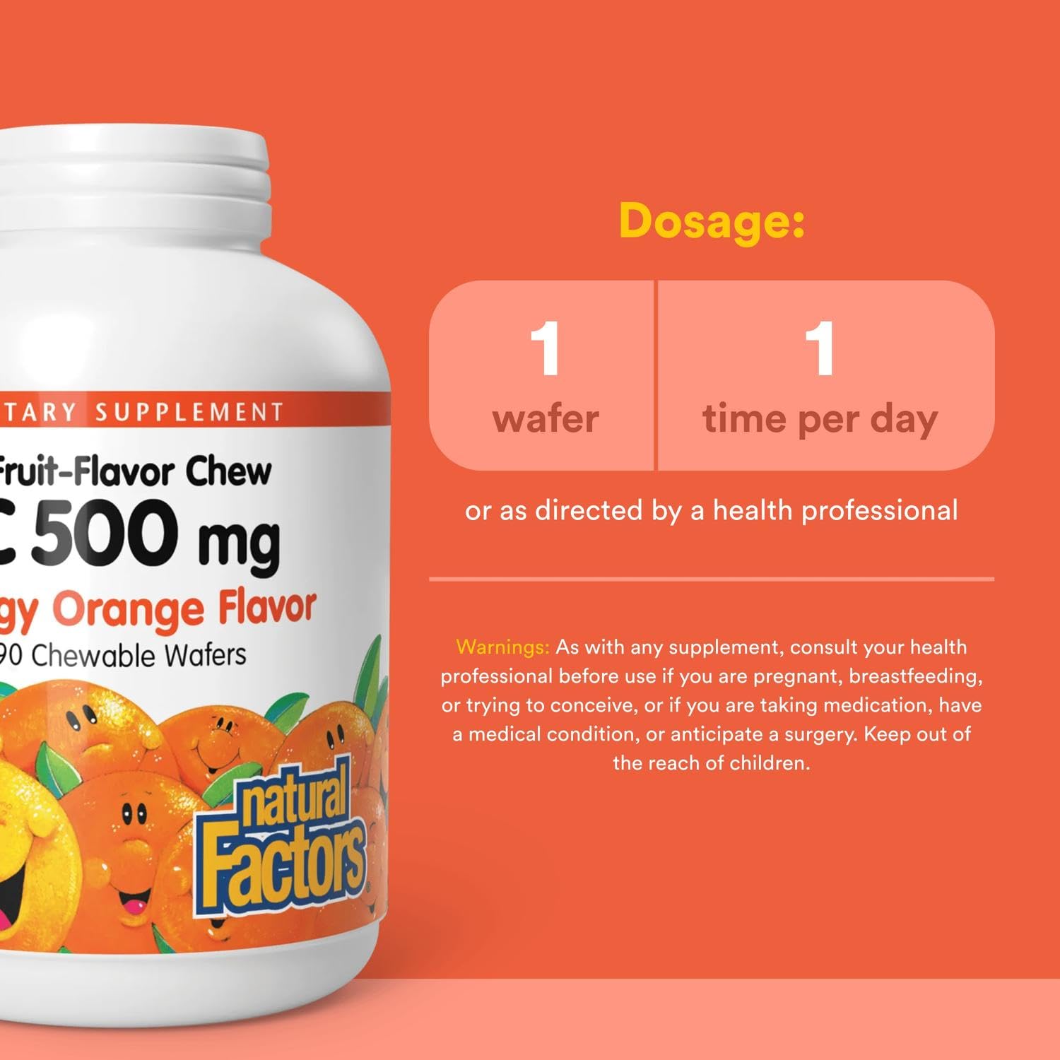 Natural Factors, Kids Chewable Vitamin C 500 mg, Supports Immune Health, Bones, Teeth and Gums, Tangy Orange, 180 Count (Pack of 1) - Nirvana Guru