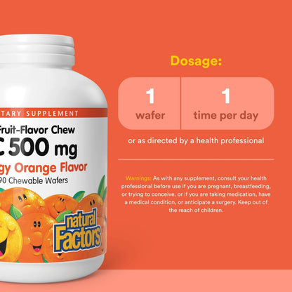 Natural Factors, Kids Chewable Vitamin C 500 mg, Supports Immune Health, Bones, Teeth and Gums, Tangy Orange, 180 Count (Pack of 1) - Nirvana Guru