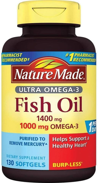 Nature Made Burp Less Ultra Omega 3 Fish Oil Supplements, 1400mg Fish Oil Omega 3 Supplements as Ethyl Esters for Healthy Heart Brain Eyes Support, One Per Day, 90 Softgels - Nirvana Guru