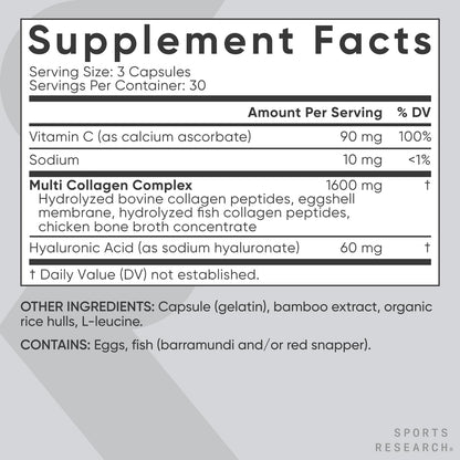 Sports Research Multi Collagen Pills (Type I, II, III, V, X) Hydrolyzed Collagen Peptides with Hyaluronic Acid + Vitamin C | Non-GMO Verified & Gluten Free - 90 Capsules - Nirvana Guru