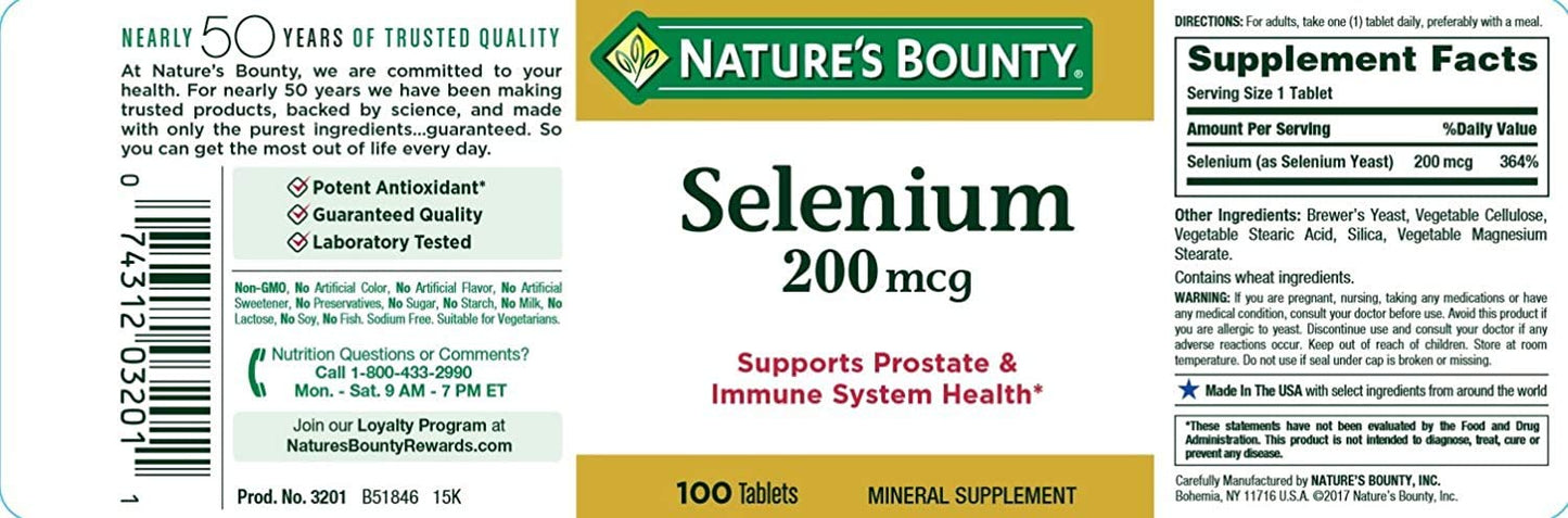 Nature's Bounty Selenium, Supports Prostate and Immune System Health, 200 mcg, 100 Tablets Nirvana Guru