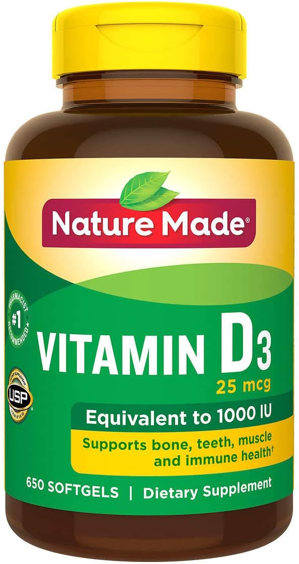 Nature Made Vitamin D3 1000 IU (25 mcg), Dietary Supplement for Bone, Teeth, Muscle and Immune Health Support, 300 Softgels, 300 Day Supply - Nirvana Guru