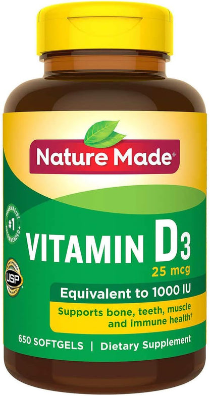 Nature Made Vitamin D3 1000 IU (25 mcg), Dietary Supplement for Bone, Teeth, Muscle and Immune Health Support, 300 Softgels, 300 Day Supply - Nirvana Guru