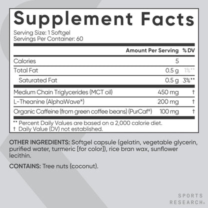 Sports Research L-Theanine Supplement with Caffeine & Coconut MCT Oil - Focused Energy, Alertness & Relaxation Without Drowsiness - 200mg L Theanine, 100mg Organic Caffeine - 60 Liquid Softgels - Nirvana Guru