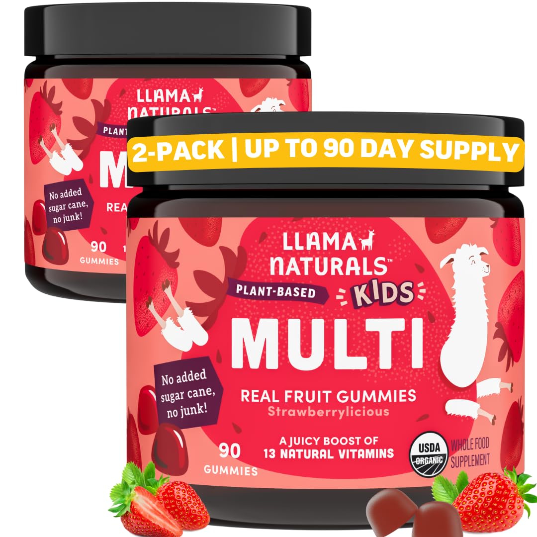 Llama Naturals Kids Multivitamin Gummies, Vegan, Organic with Vitamin D, C & K, Toddler Real Fruit Gummy Vitamins, Chewable Supplement, Whole Food Multivitamin, No Added Sugar Cane, Strawberry, 90 Ct Nirvana Guru