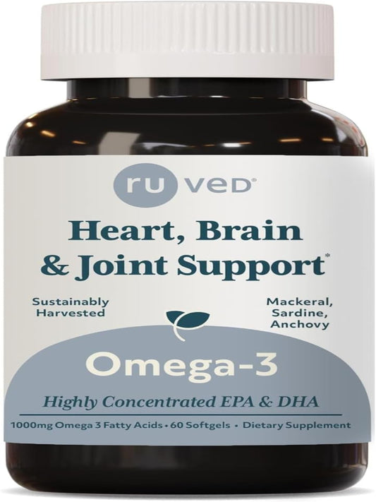 ruved 1000mg Omega-3, Pure and Potent Omega 3 for Daily Wellness, Essential Fatty Acids for Brain, Joint and Overall Health, 60 Softgels Nirvana Guru