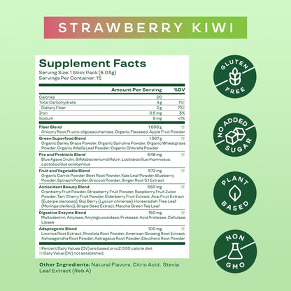 Bloom Nutrition Greens and Superfoods Powder for Digestive Health, Greens Powder, Digestive Enzymes, Probiotics, Spirulina, Chlorella for Bloating & Gut Support, Green Juice, 30 SVG, Strawberry Kiwi