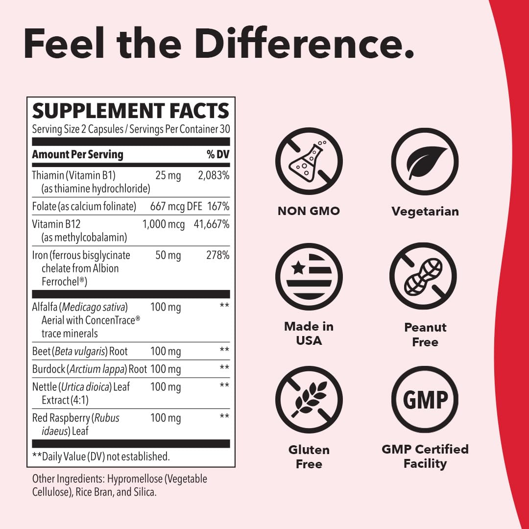 LifeSeasons - Blood Nourish-R - Iron Deficiency Supplement - Supports Anemia, Fatigue, Paleness & Dizziness - No Constipation - Blood Building - Iron, Alfalfa, Raspberry & Vitamin B-12-60 Capsules - Nirvana Guru