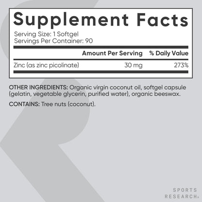 Sports Research Zinc Picolinate 50mg with Organic Coconut Oil | Highly Absorbable Zinc Supplement for Healthy Immune Function - Non-GMO Verified, Gluten & Soy Free (60 Liquid Softgels) - Nirvana Guru