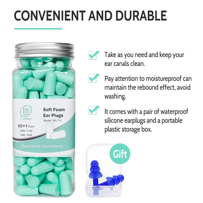 LYSIAN Ultra Soft Foam Earplugs Sleep, Noise Cancelling Ear Plugs for Sleeping, Shooting,Travel and Work-38dB SNR 31dB NRR Sound Blocking-60 Pairs Pack (Lake Blue)