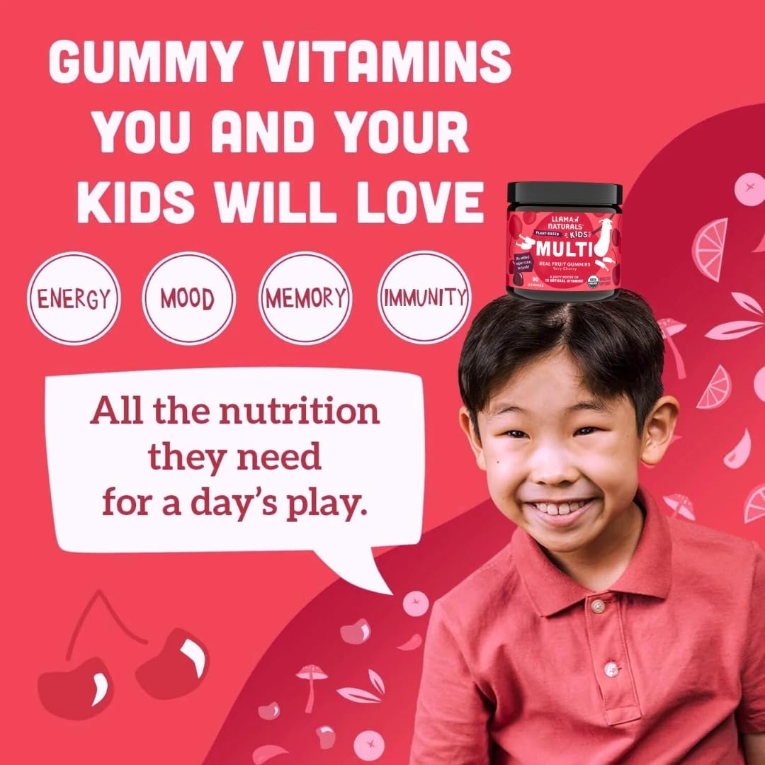 Llama Naturals Kids Multivitamin Gummies, Vegan, Organic with Vitamin D, C & K, Toddler Real Fruit Gummy Vitamins, Chewable Supplement, Whole Food Multivitamin, No Added Sugar Cane, Strawberry, 90 Ct Nirvana Guru