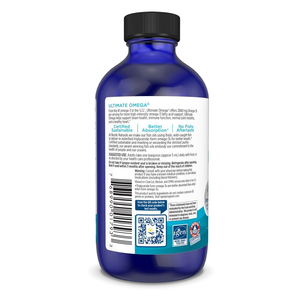 Nordic Naturals Ultimate Omega Liquid, Lemon Flavor - 4 oz - 2840 mg Omega-3 - High-Potency Omega-3 Fish Oil Supplement with EPA & DHA - Promotes Brain & Heart Health - Non-GMO - 24 Servings - Nirvana Guru