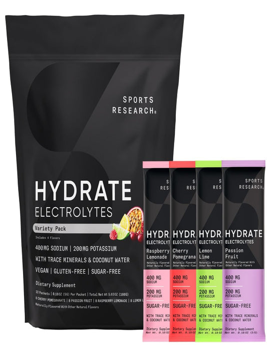 Sports Research® Hydrate Electrolytes Powder Packets - Sugar-Free & Naturally Flavored with Vitamins, Minerals, and Coconut Water - Supports Hydration - 32 Packets - Variety Pack - Nirvana Guru