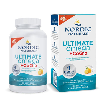 Nordic Naturals Ultimate Omega + CoQ10, Lemon - 120 Soft Gels - 1280 mg Omega-3 + 100 mg CoQ10 - Heart Health, Cellular Energy, Antioxidant Support - Non-GMO - 60 Servings - Nirvana Guru