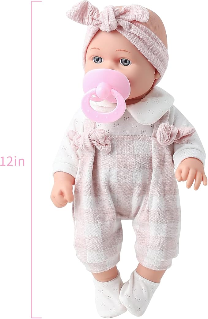 Enjoyin 12'' Baby Doll in Gift Box with Pink Cloths, Pacifier, 13''x13'' Microfabric Blanket, and Feeding Bottle. Gift Idea for Ages 3+ nirvanaguru