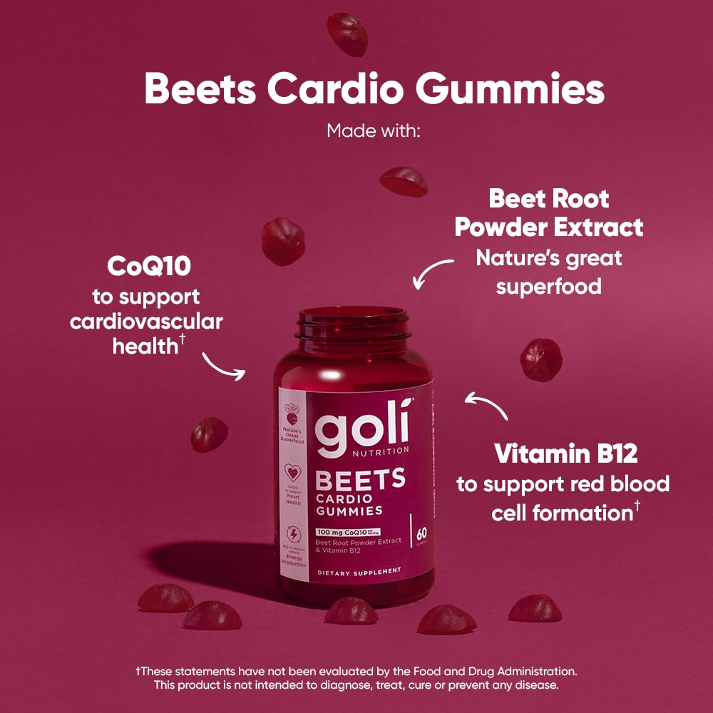 Goli Nutritional Supplement, Beets Cardio Gummy - 60 Count - 100mg CoQ10 & Beet Root Extract - Gluten-Free, Vegan, Non-GMO, and Gelatin-Free. Nature's Great Superfood. Nirvana Guru