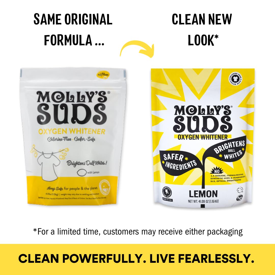 Molly's Suds Oxygen Whitener | Powerful Bleach Alternative, Chlorine Free & Color Safe | Brightens Whites and Removes Stains (Lemon Essential Oil - 41.09 oz) Nirvana Guru