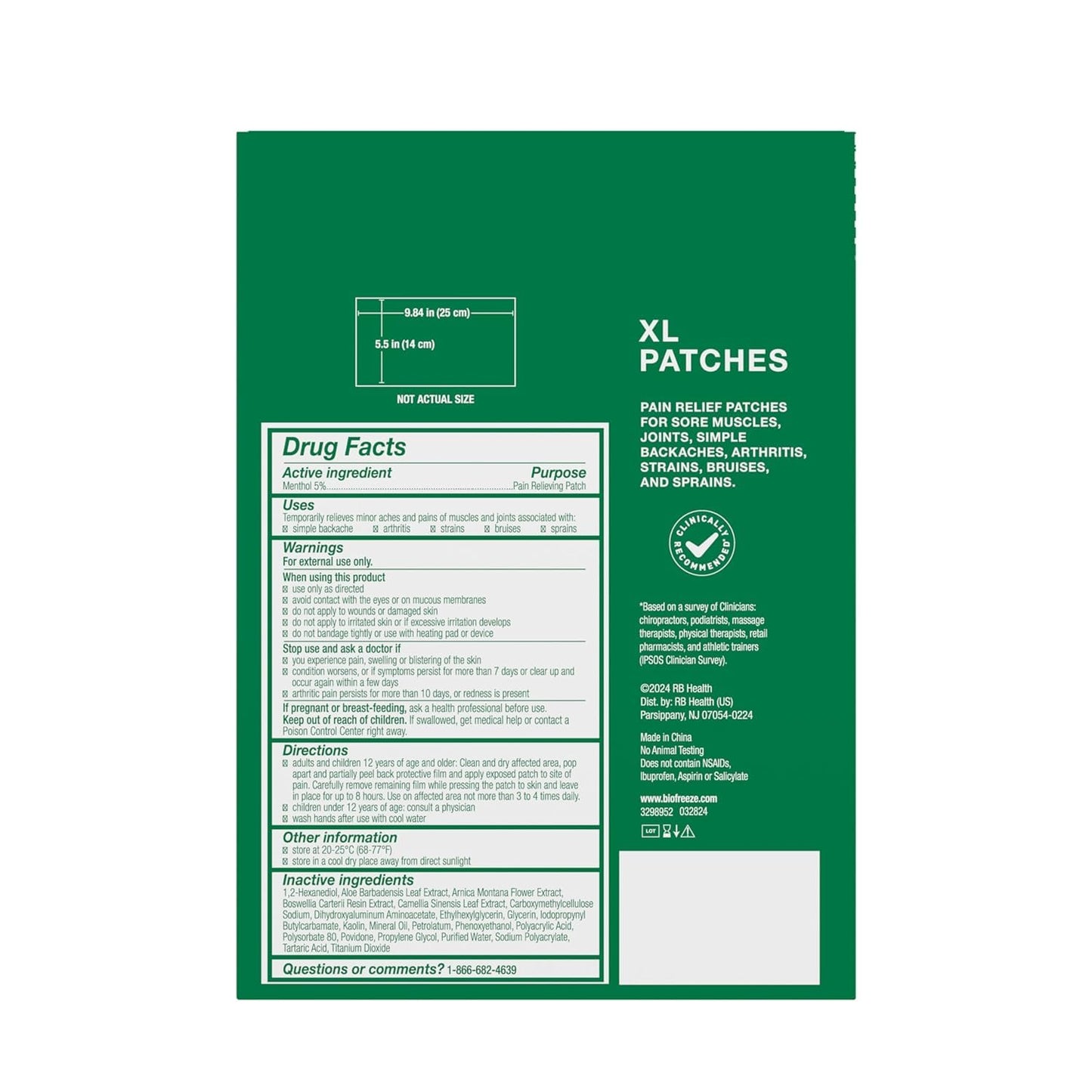 Biofreeze Large Pain Relief Patches, Menthol Pain Patches for Lower Back, Neck, Knee, & Shoulder, Comfortable & Flexible Fabric Stays in Place, FSA Eligible, 5 ct