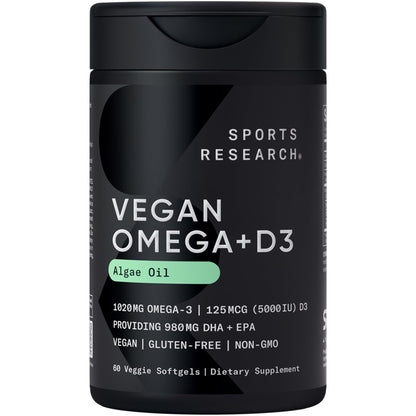 Sports Research Vegan Omega-3 Fish Oil Alternative from Algae Oil - Highest Levels of DHA & EPA Fatty Acids | Non-GMO Verified & Vegan Certified - Fresh Lemon Scent - 60 Veggie Softgels - Nirvana Guru