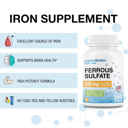 Puregen Labs Ferrous Sulfate 325 mg (65 mg Elemental Iron) High Potency Iron Supplement | No Artificial Color Additives - 200 Tablets Made in USA Nirvana Guru