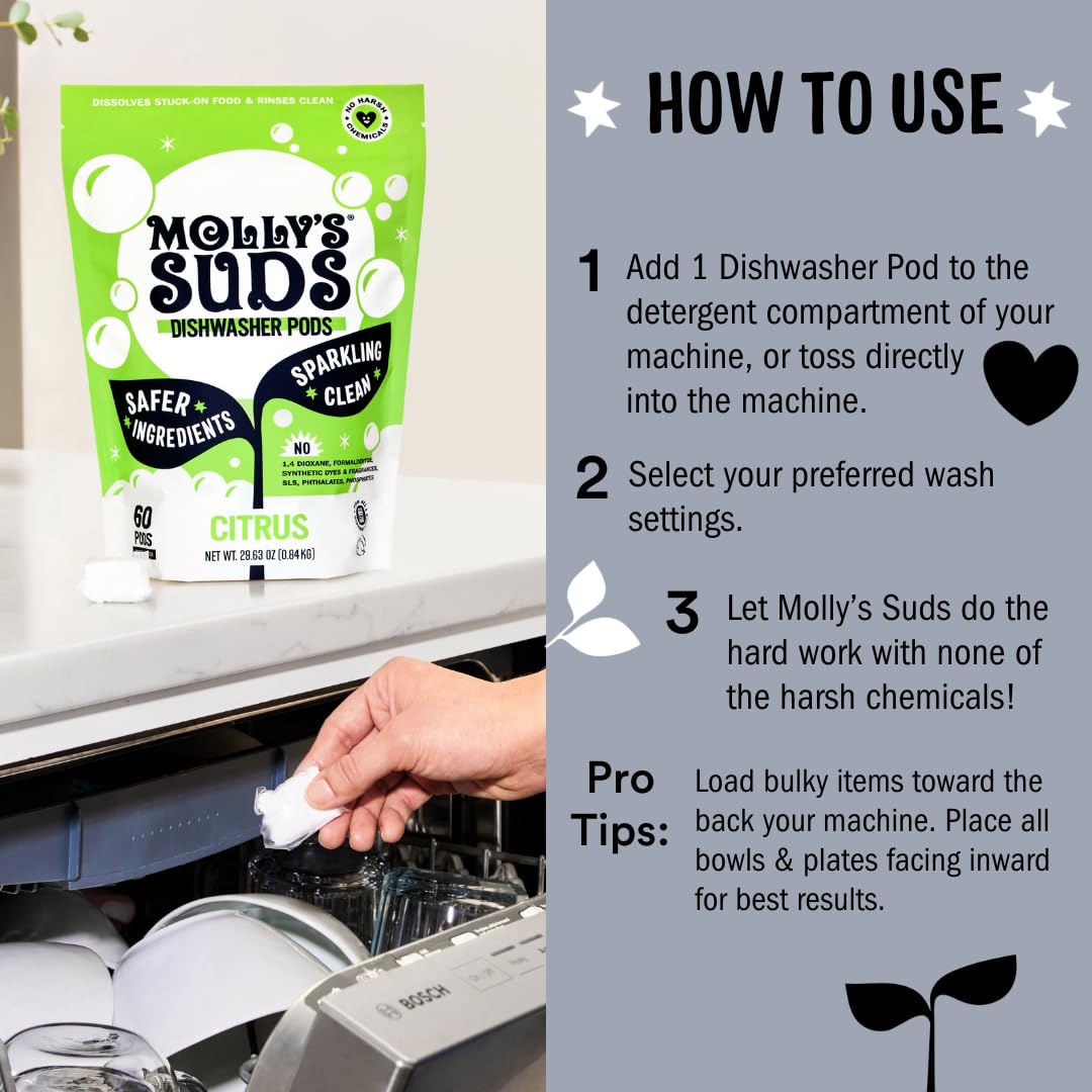 Molly's Suds Dishwasher Pods | Clean Dishwasher Detergent, Cuts Grease & Rinses Clean (Residue-Free) for Sparkling Dishes | 60 Auto-Release Tabs (Citrus) Nirvana Guru