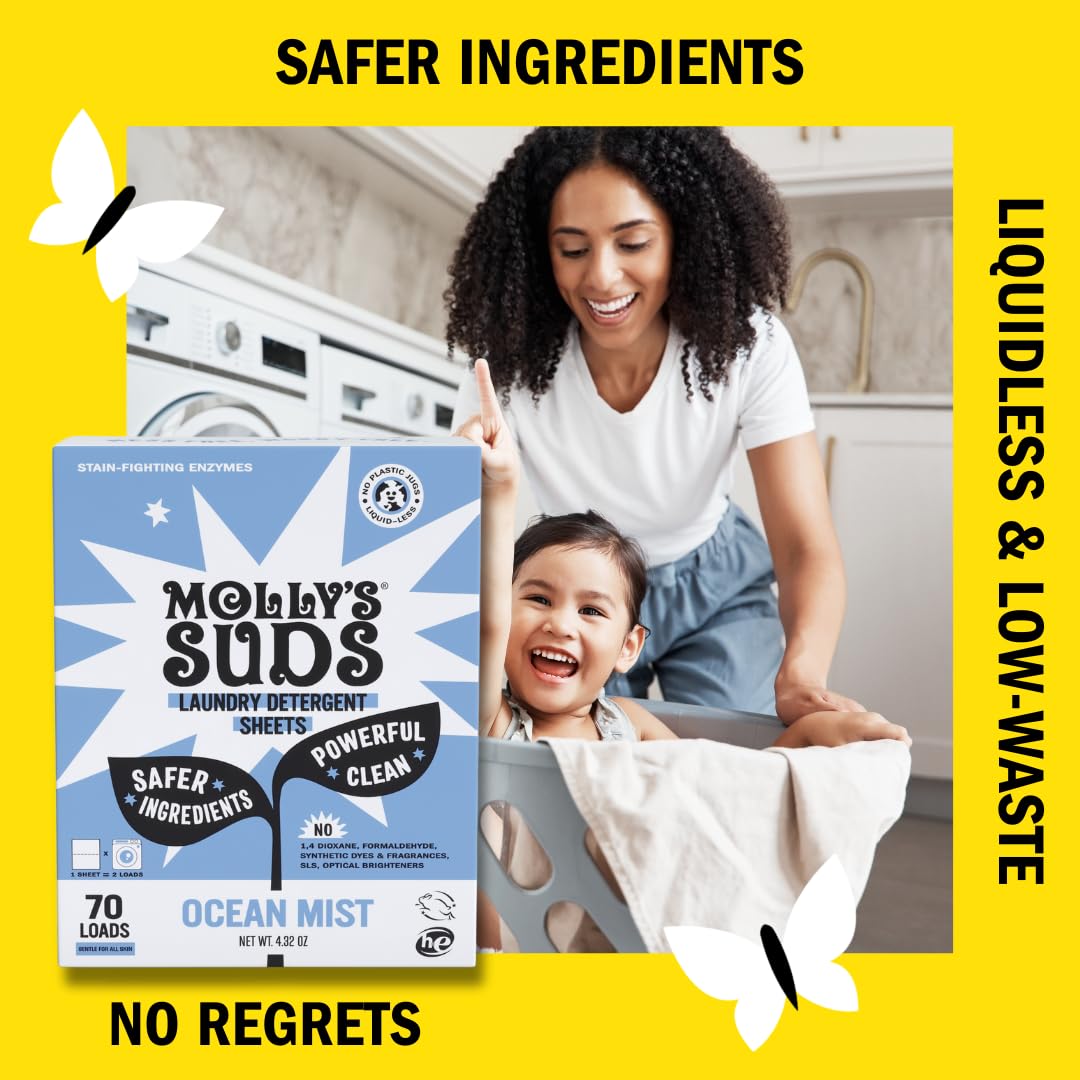 Molly’s Suds Laundry Detergent Sheets | Gentle on Sensitive Skin, Powerful Bio-Based Enzymes, Stain-Fighting | Liquidless & Plastic-Free Packaging | 70 Loads (Unscented) Nirvana Guru