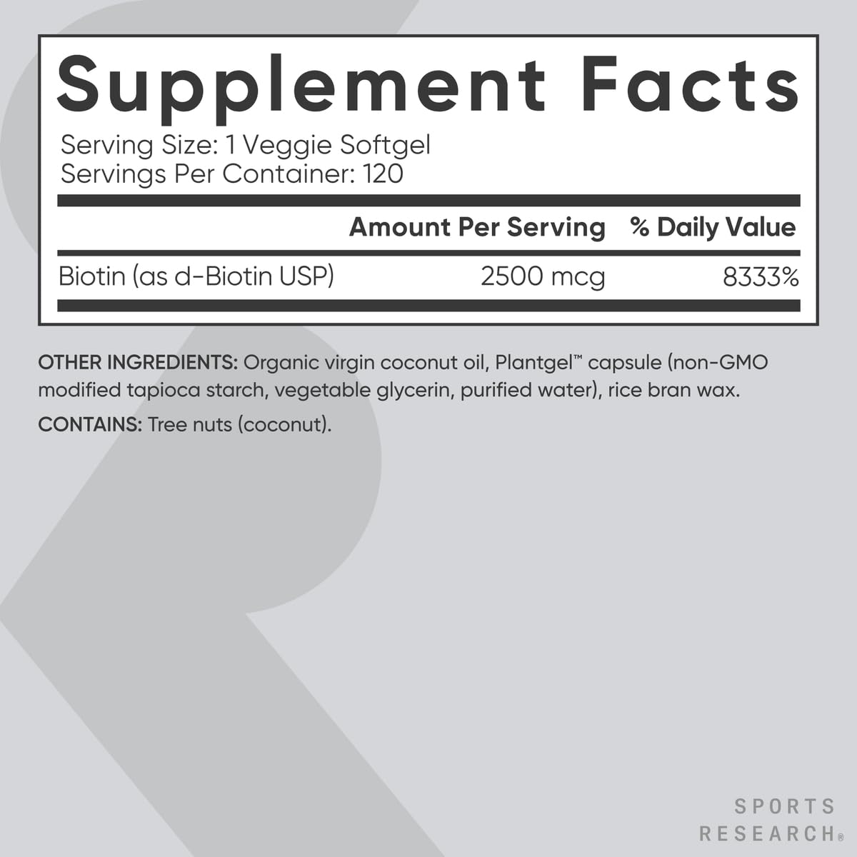 Sports Research Extra Strength Vegan Biotin (Vitamin B) Supplement with Organic Coconut Oil - Supports Keratin for Healthier Hair & Skin - Great for Women & Men - 5,000mcg, 120 Veggie Softgel Capsules - Nirvana Guru
