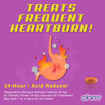Ohm Omeprazole Delayed-Release Tablets, 20mg Acid Reducer, Treats Frequent Heartburn (2 Weeks of Supply, 14, Count)