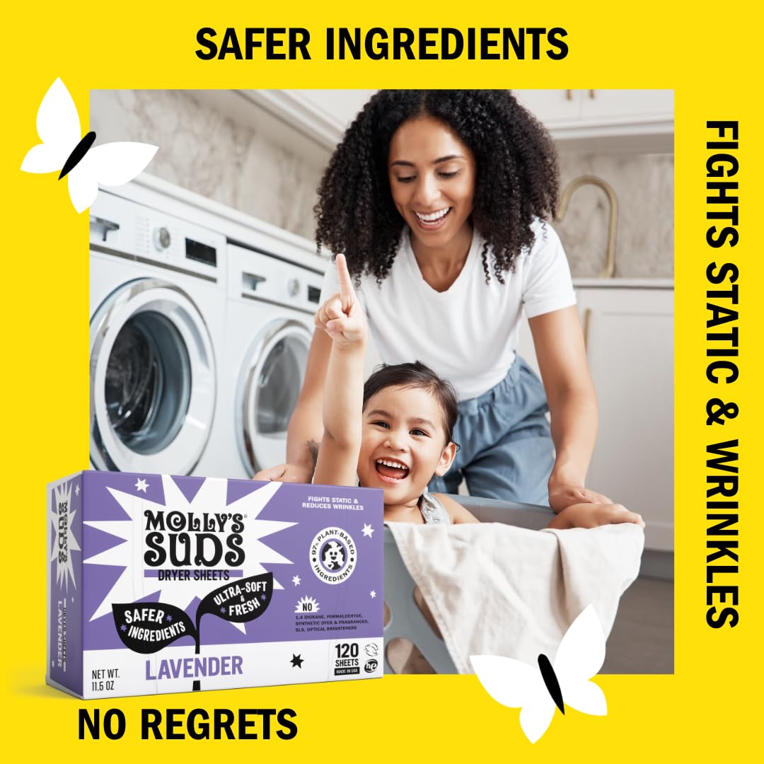Molly's Suds Fabric Softener Dryer Sheets for Sensitive Skin | Plant-Based Static Reducer, Plastic-Free Packaging | Lavender (120 Sheets) Nirvana Guru