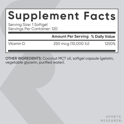 Sports Research Vitamin D3 5000iu (125mcg) with Coconut Oil ~ High Potency Vitamin D for Immune & Bone Support ~ Non-GMO Verified, Gluten & Soy Free (360 Mini-Liquid Softgels) - Nirvana Guru