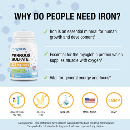 Puregen Labs Ferrous Sulfate 325 mg (65 mg Elemental Iron) High Potency Iron Supplement | No Artificial Color Additives - 200 Tablets Made in USA Nirvana Guru