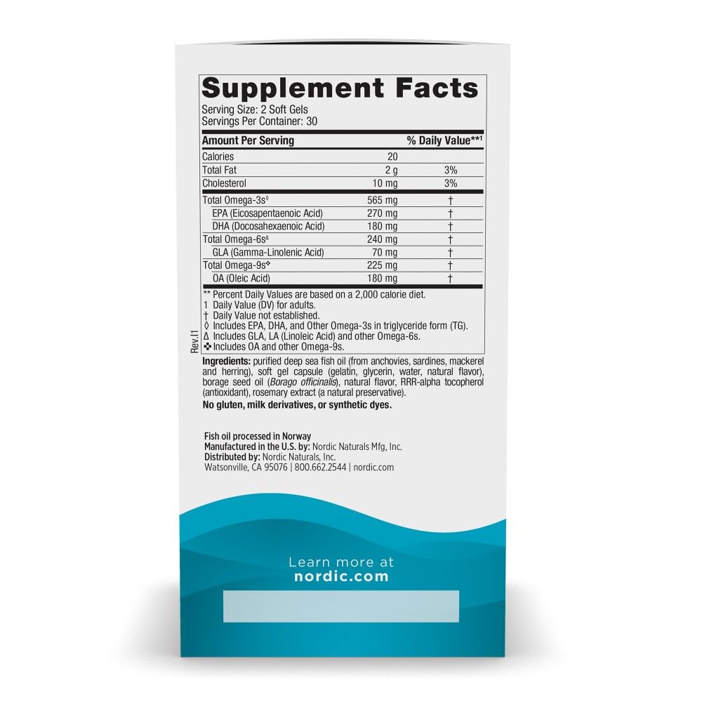 Nordic Naturals Complete Omega, Lemon Flavor - 180 Soft Gels - 565 mg Omega-3 - EPA & DHA with Added GLA - Healthy Skin, Cognition, & Positive Mood - Non-GMO - 90 Servings - Nirvana Guru