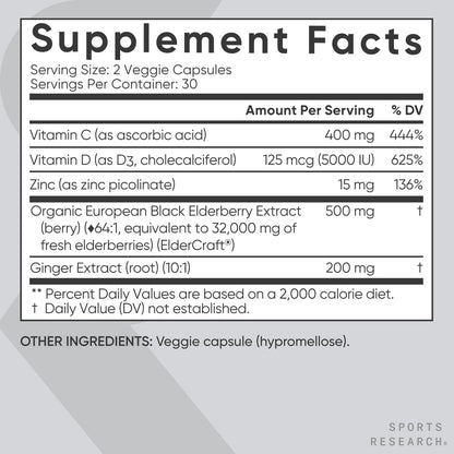 Sports Research Black Elderberry with Zinc, Vitamin C, & Vitamin D, Immune Support Supplement for Adults, 60 Capsules - Nirvana Guru