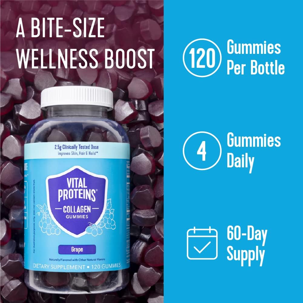 Vital Proteins Collagen Gummies, 2.5g of Clinically-Tested Collagen for Hair, Skin, Nails & Wrinkles, 120 ct, 30-Day Supply, Grape Flavor - Nirvana Guru
