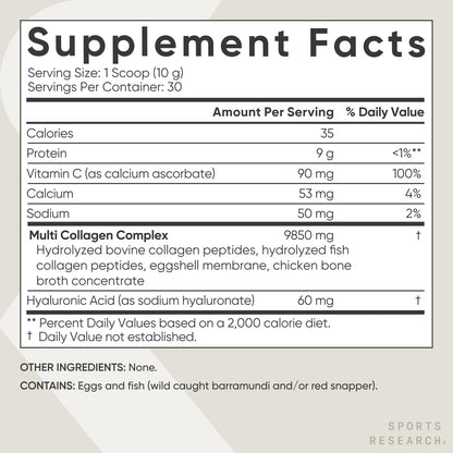 Sports Research Multi Collagen Protein Powder (Type I, II, III, V, X) with Hyaluronic Acid + Vitamin C | 5 Types of Food Based Collagen, 30 Servings (Unflavored) - Nirvana Guru