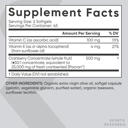 Sports Research Cranberry Fruit Complex Supplement - Softgels for Urinary Tract Health Support - Equal to 25,000mg of Cranberries, Made with Pacran & Vitamins C & E - Non-GMO & Gluten Free - 90 Count - Nirvana Guru