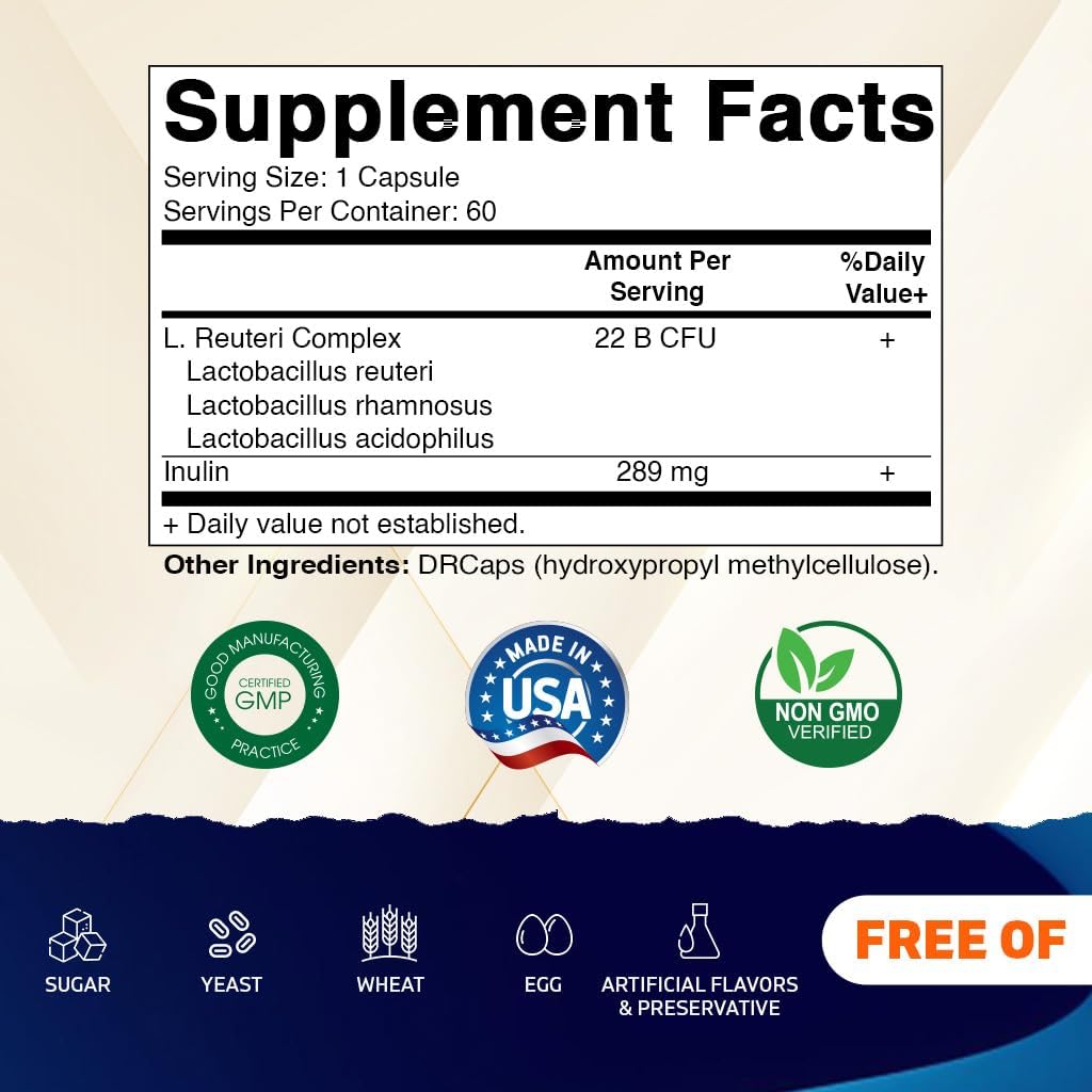Vitamatic Lactobacillus Reuteri Complex – 22 Billion CFU per Delayed Release Capsule – 60 Capsules – Digestive & Gut Health Support – with Prebiotic Inulin Fiber - Nirvana Guru