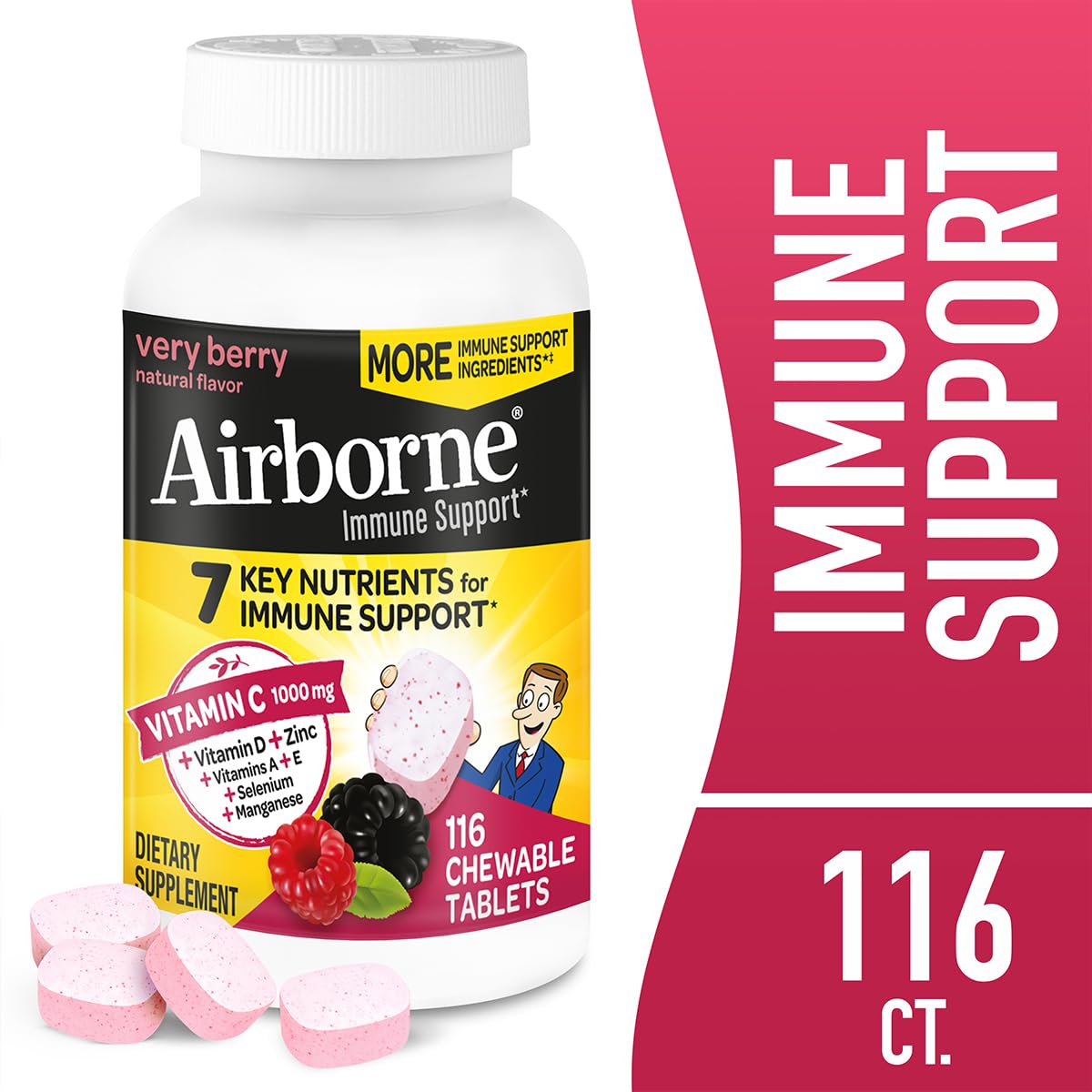Airborne 1000mg Vitamin C + Zinc Immune Support Supplement Chewable Tablets, Very Berry Flavor with Powerful Antioxidants Vitamins A C & E, 116 Chewable Tablets (2 Pack) Nirvana Guru