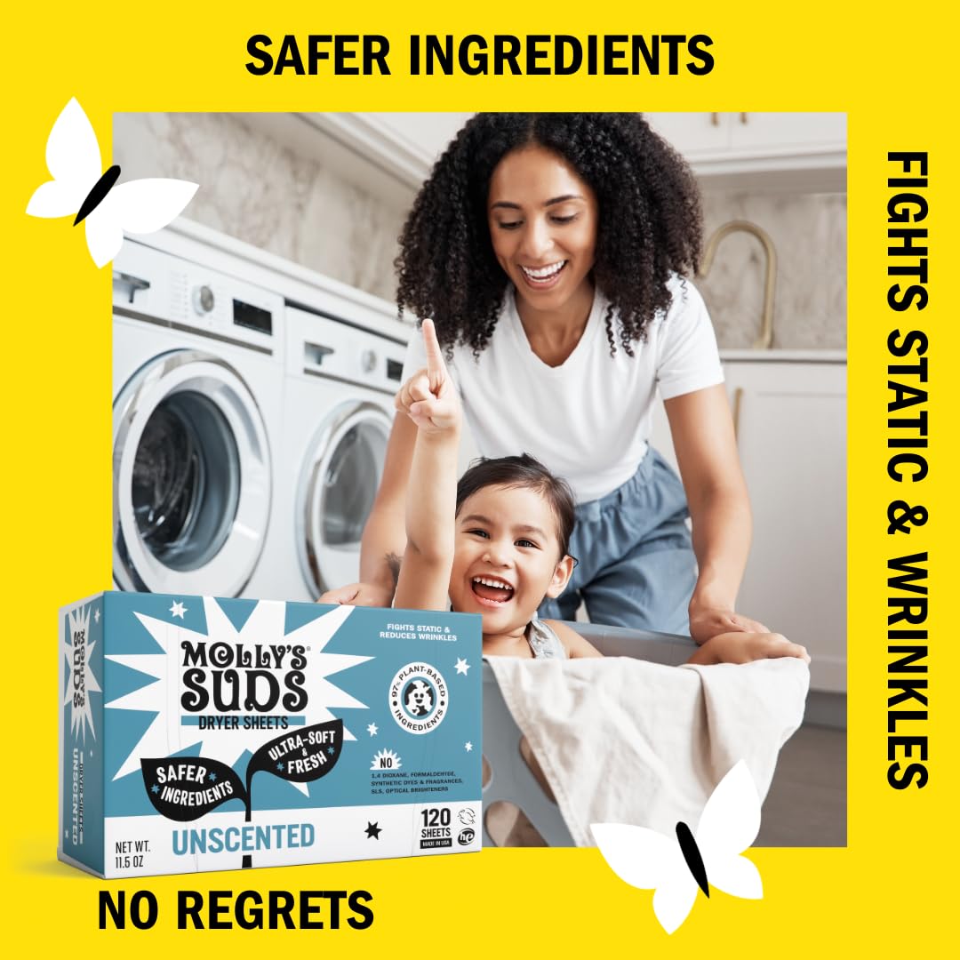 Molly's Suds Fabric Softener Dryer Sheets for Sensitive Skin | Plant-Based Static Reducer, Plastic-Free Packaging | Lavender (120 Sheets) Nirvana Guru