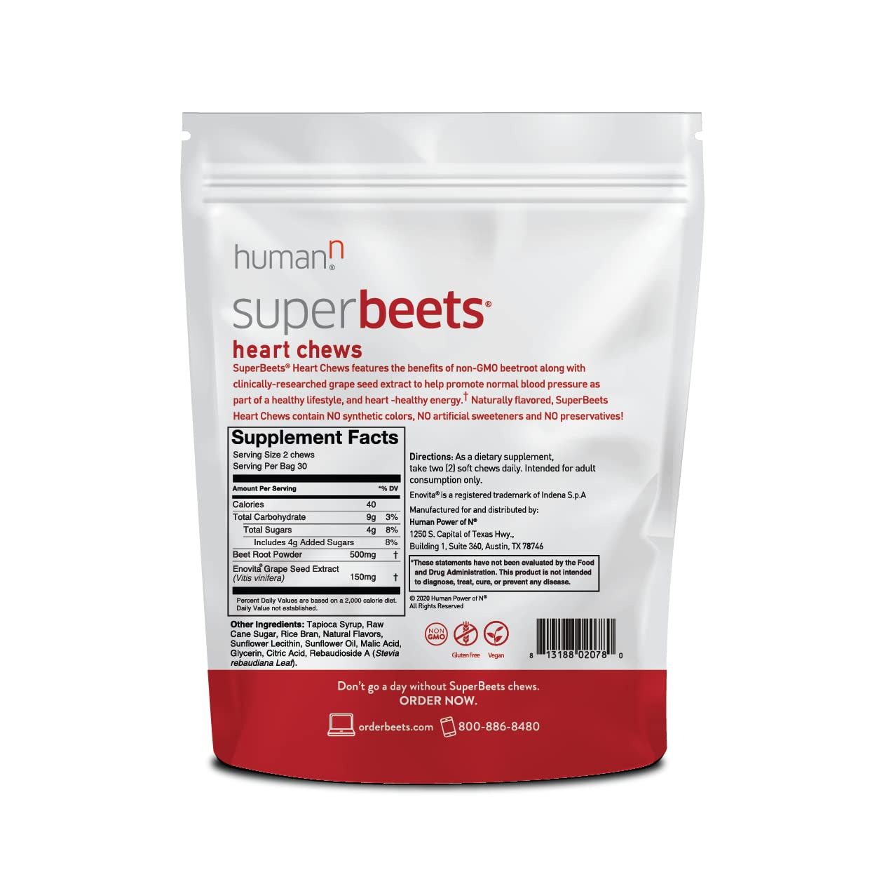 HumanN SuperBeets Heart Chews, Nitric Oxide and Blood Pressure Support, Grape Seed Extract & Non-GMO Beet Root Powder Energy, Pomegranate Berry Flavor, 120 Count - Nirvana Guru