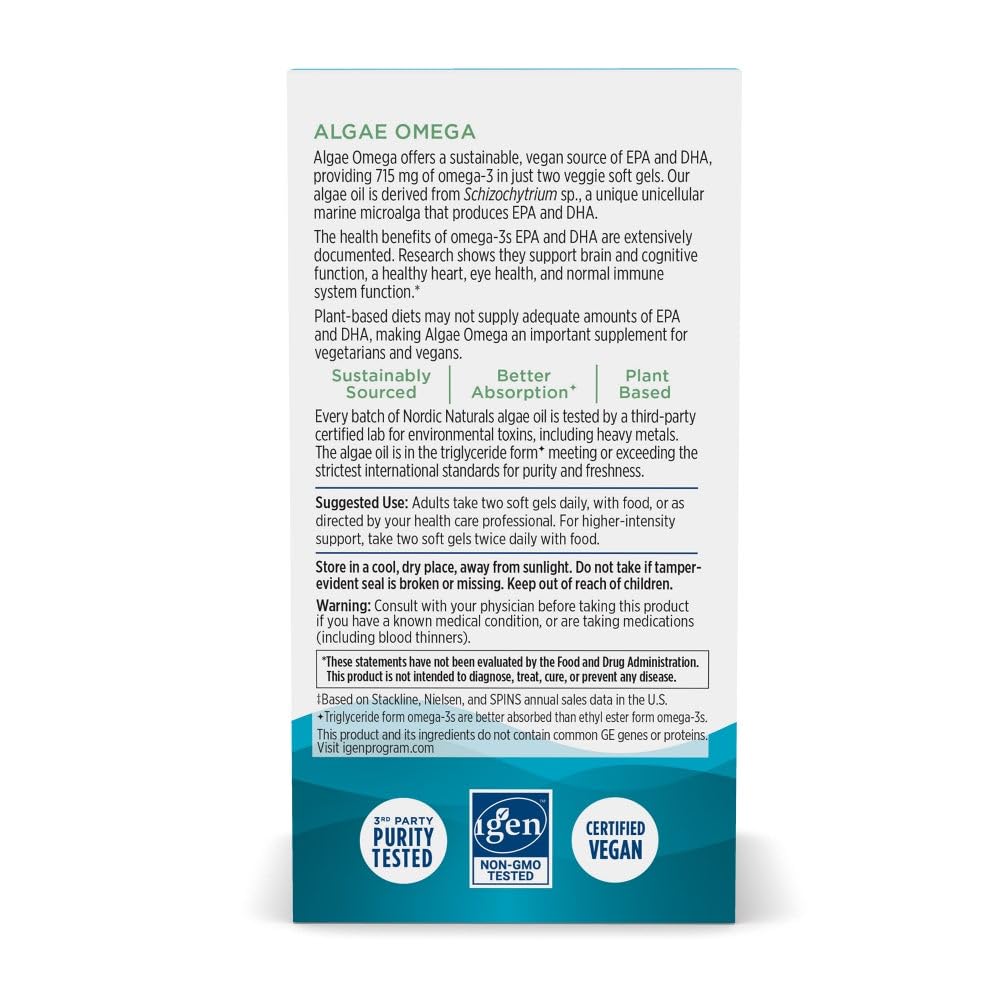 Nordic Naturals Algae Omega - 120 Soft Gels - 715 mg Omega-3 - Certified Vegan Algae Oil - Plant-Based EPA & DHA - Heart, Eye, Immune & Brain Health - Non-GMO - 60 Servings - Nirvana Guru